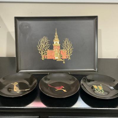 826 Vintage Couroc Decorative Black Tray & Three Bowls