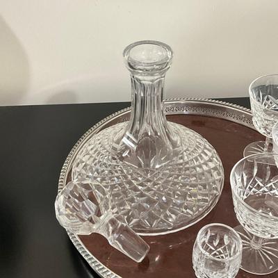 827 Waterford Ships Decanter With One Shot Glass & Three Goblets With Plated Tray