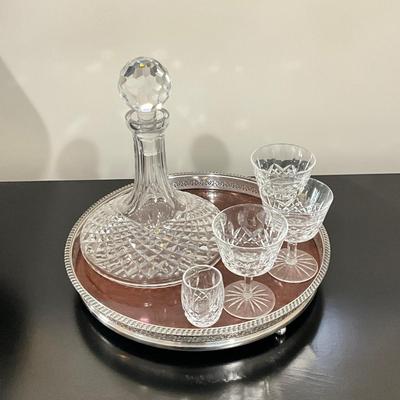 827 Waterford Ships Decanter With One Shot Glass & Three Goblets With Plated Tray