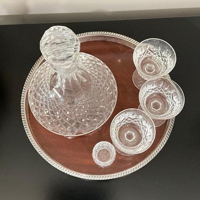 827 Waterford Ships Decanter With One Shot Glass & Three Goblets With Plated Tray