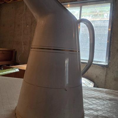 COFFEE URN WITH A SPIGOT AND AN ENAMELED PITCHER PLUS A GREGORIAN COPPER POT