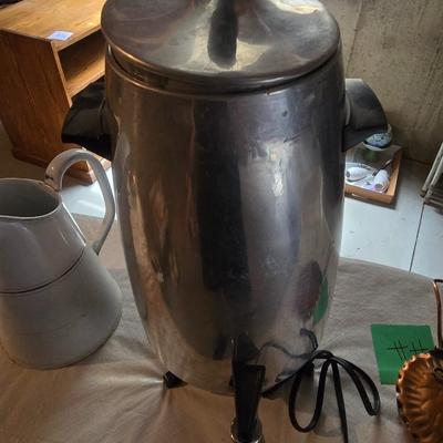 COFFEE URN WITH A SPIGOT AND AN ENAMELED PITCHER PLUS A GREGORIAN COPPER POT
