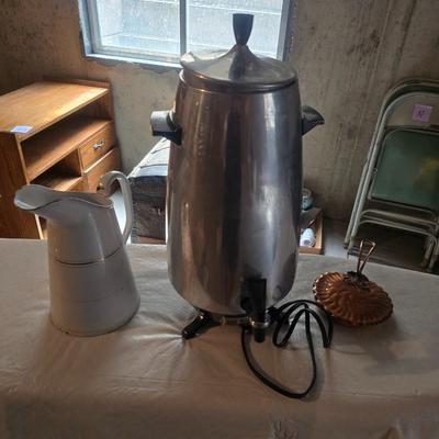 COFFEE URN WITH A SPIGOT AND AN ENAMELED PITCHER PLUS A GREGORIAN COPPER POT