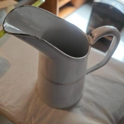 COFFEE URN WITH A SPIGOT AND AN ENAMELED PITCHER PLUS A GREGORIAN COPPER POT