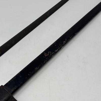 Sale Photo Thumbnail #3: 18” blade stamped USA on blade
This is a US 45/70 Trapdoor Springfield Bayonet Scabbard with a National Guard Pennsylvania (NGP) brass frog. It was designed for the .45-70 Springfield trapdoor rifle most likely from the Indian Wars era. Likely patented 