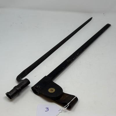 Sale Photo Thumbnail #1: 18” blade stamped USA on blade
This is a US 45/70 Trapdoor Springfield Bayonet Scabbard with a National Guard Pennsylvania (NGP) brass frog. It was designed for the .45-70 Springfield trapdoor rifle most likely from the Indian Wars era. Likely patented 