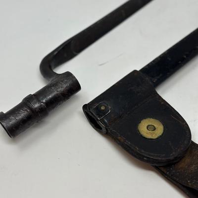 Sale Photo Thumbnail #2: 18” blade stamped USA on blade
This is a US 45/70 Trapdoor Springfield Bayonet Scabbard with a National Guard Pennsylvania (NGP) brass frog. It was designed for the .45-70 Springfield trapdoor rifle most likely from the Indian Wars era. Likely patented 