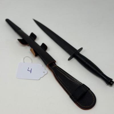 Sale Photo Thumbnail #13: 8” blackened high carbon blade with alloy handle and leather scabbard
This double-edged, well-balanced dagger was the preferred commando weapon during WWII for both the US and British forces. This is a 3rd Pattern Fairbairn-Sykes fighting knife manufact