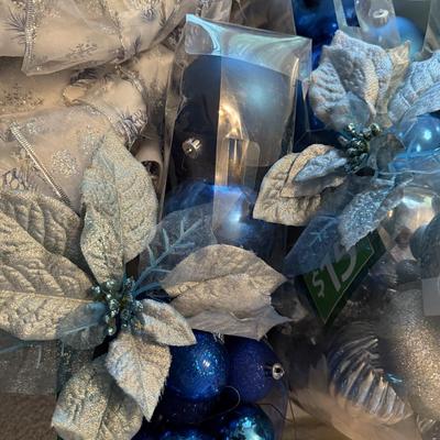 Blue Container of Christmas tree items