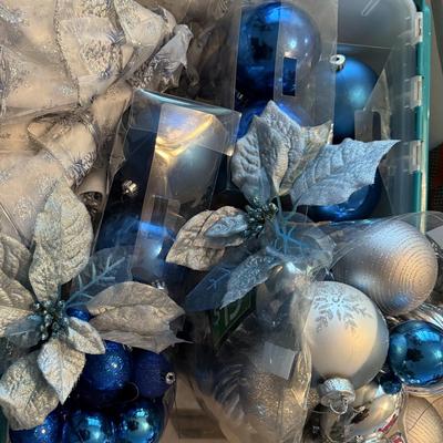 Blue Container of Christmas tree items