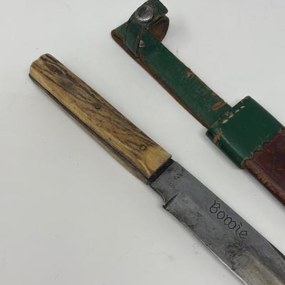 Sale Photo Thumbnail #91: 2 tone leather sheath. Measures 10 1/4” overall and 6” long blade