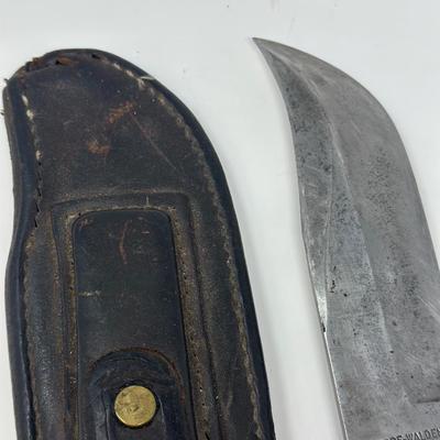 Sale Photo Thumbnail #98: Pro hunter fixed blade knife with birds head pommel and brass finger guard, c. 1971-72. Leather sheath 10 1/2” overall length