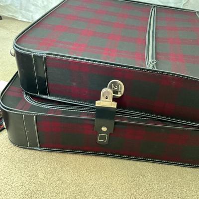 878 (Like New) Vintage Red Plaid Grasshopper Leather Suitcase