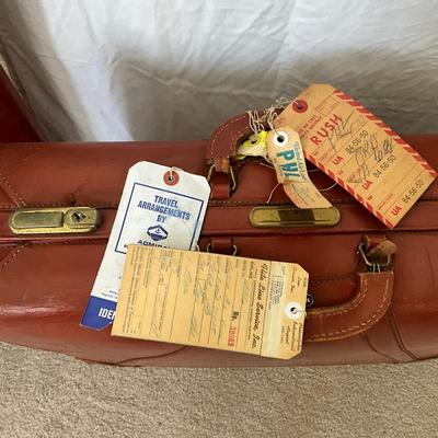 881 Pair of Towne Matching Leather Suitcases with Irish Linen Linings