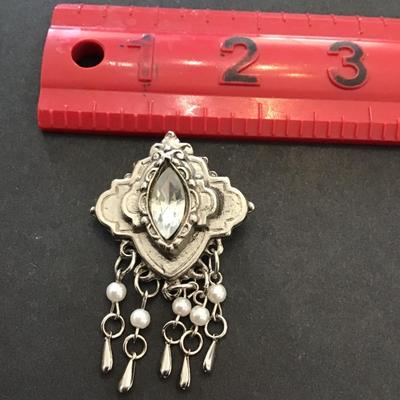 Antique silver tone, brooch with rhinestone