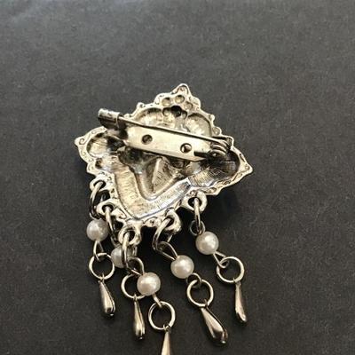 Antique silver tone, brooch with rhinestone