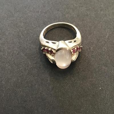 Vintage, sterling silver, 925 Moonstone, and purple rhinestone ring