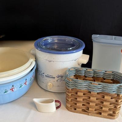 Crockpot, Tupperware, bowls, wicker basket
