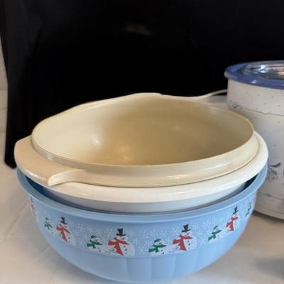 Crockpot, Tupperware, bowls, wicker basket