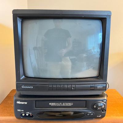 718 Magnavox Television with VHS Player & Two Tier Bookshelf