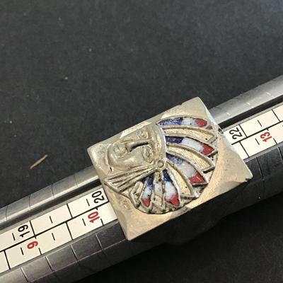 Vintage1950 Mexican Biker Ring w/ Unusual Red, White, & Blue Enameled Native Headdress