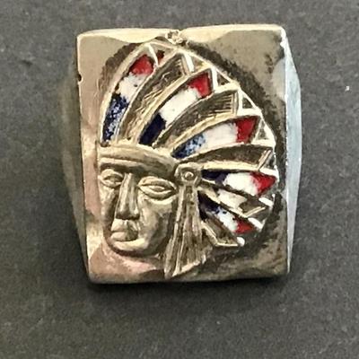 Vintage1950 Mexican Biker Ring w/ Unusual Red, White, & Blue Enameled Native Headdress