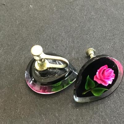Pink Rose Lucite Vintage screw back Earrings