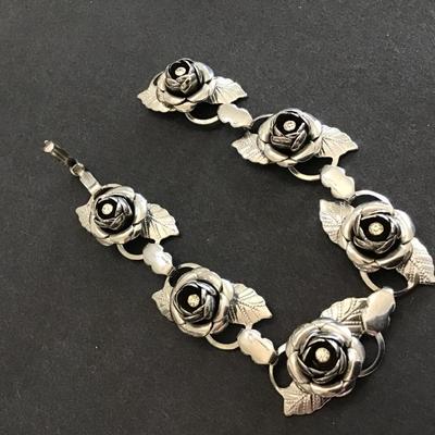 Rose Rhinestone Silver tone Bracelet