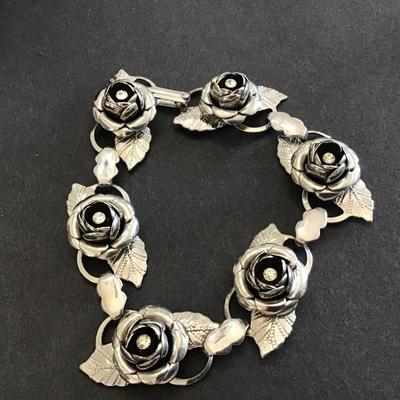 Rose Rhinestone Silver tone Bracelet