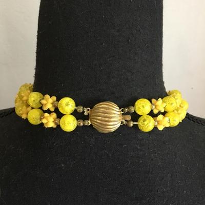 Unique, rare, beautiful double strand sunshine, yellow beaded choker collar necklace, vintage 50s