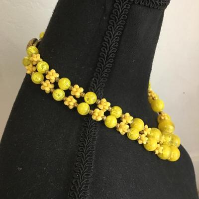 Unique, rare, beautiful double strand sunshine, yellow beaded choker collar necklace, vintage 50s