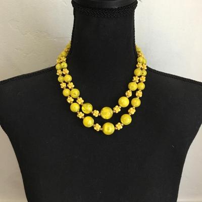Unique, rare, beautiful double strand sunshine, yellow beaded choker collar necklace, vintage 50s