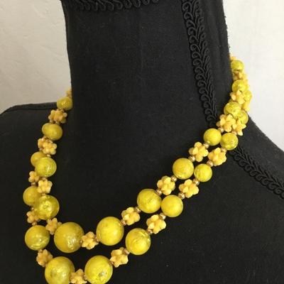 Unique, rare, beautiful double strand sunshine, yellow beaded choker collar necklace, vintage 50s