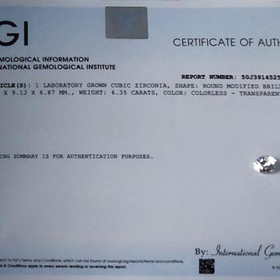 IGI CERTIFIED LAB GROWN CUBIC ZIRCONIA 6.35 cts