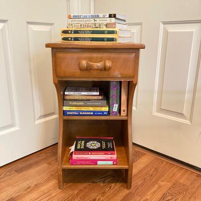 LOT 76: Vintage Wood Side Table with Collection of Books and Ethan Allen Wooden Rocking Chair