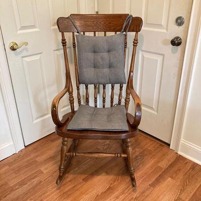 LOT 76: Vintage Wood Side Table with Collection of Books and Ethan Allen Wooden Rocking Chair