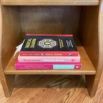 LOT 76: Vintage Wood Side Table with Collection of Books and Ethan Allen Wooden Rocking Chair