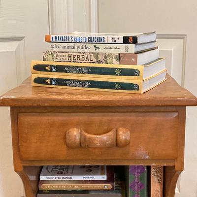LOT 76: Vintage Wood Side Table with Collection of Books and Ethan Allen Wooden Rocking Chair