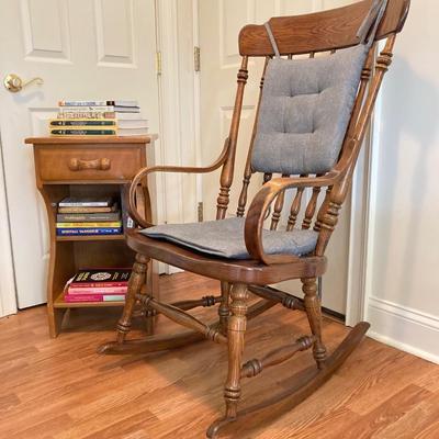 LOT 76: Vintage Wood Side Table with Collection of Books and Ethan Allen Wooden Rocking Chair