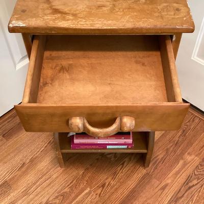 LOT 76: Vintage Wood Side Table with Collection of Books and Ethan Allen Wooden Rocking Chair