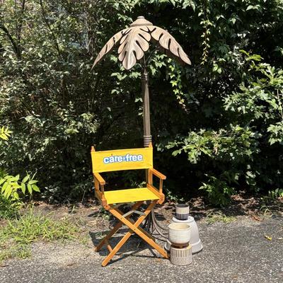 LOT 89: Like New "Carefree" Director's Chair, Palm Tree Floor Lamp & Ceramic Planters