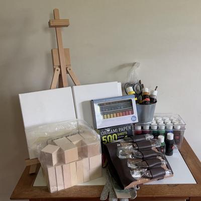LOT 94: Craft Night: Woodcarving Set, Balsa Wood Blocks, Paints, Canvas, Easel and More