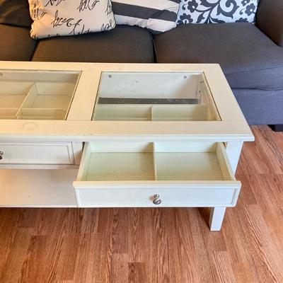LOT 217: White 2-Drawer Glass Top Coffee Table