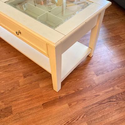 LOT 217: White 2-Drawer Glass Top Coffee Table