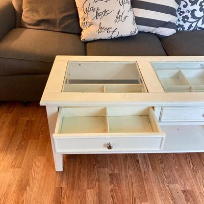 LOT 217: White 2-Drawer Glass Top Coffee Table