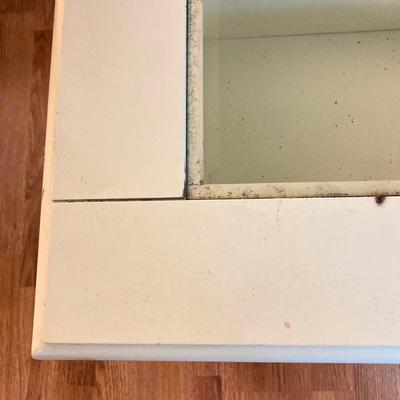 LOT 217: White 2-Drawer Glass Top Coffee Table