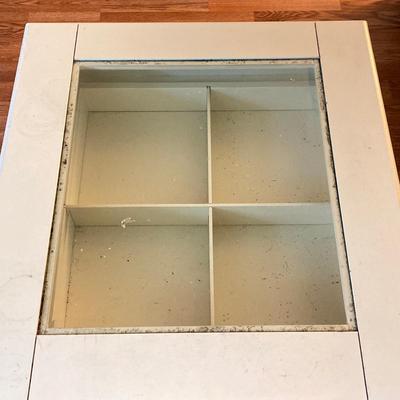 LOT 217: White 2-Drawer Glass Top Coffee Table