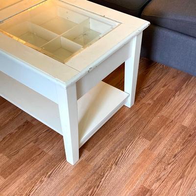 LOT 217: White 2-Drawer Glass Top Coffee Table