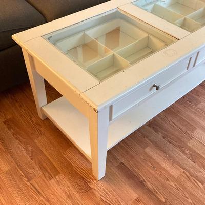 LOT 217: White 2-Drawer Glass Top Coffee Table