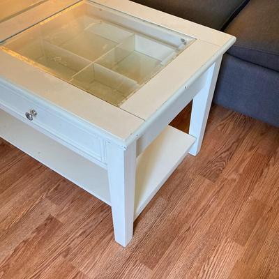 LOT 217: White 2-Drawer Glass Top Coffee Table